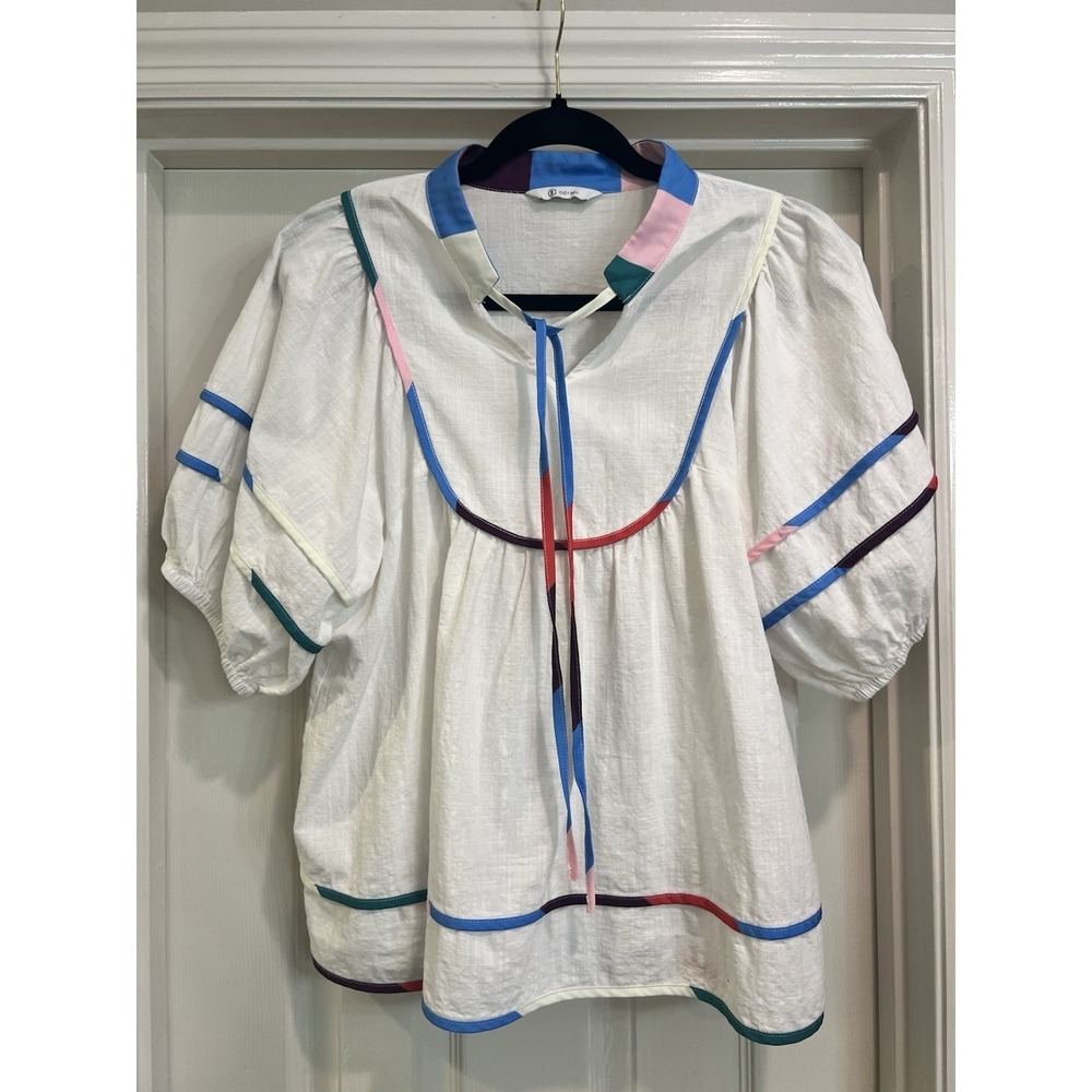 Cicy Bell White Cotton Baby Doll-Puff Sleeve Blouse Tie Neck Women's S